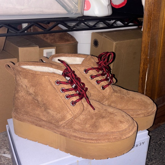 Madden Girl Shoes - Madden girl Tan Suede Platform Ankle Boots with Red & Black Laces